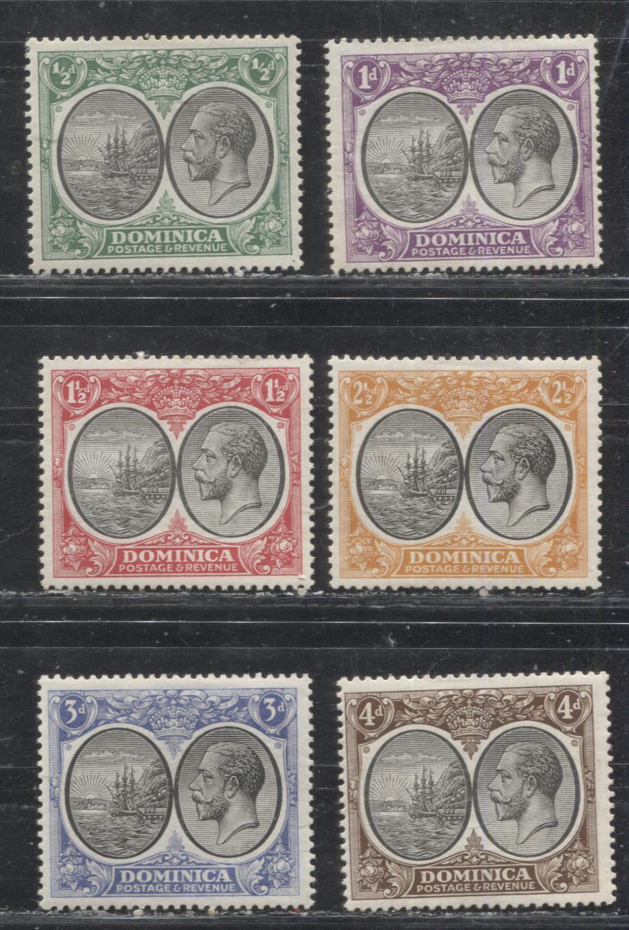 Lot 272 Dominica SG#71/81 1/2d - 4d Green & Black - Dark Brown & Black King George V & Caravel, 1923-1930 Script CA Keyplate Issue, Six Fine and VFOG Examples