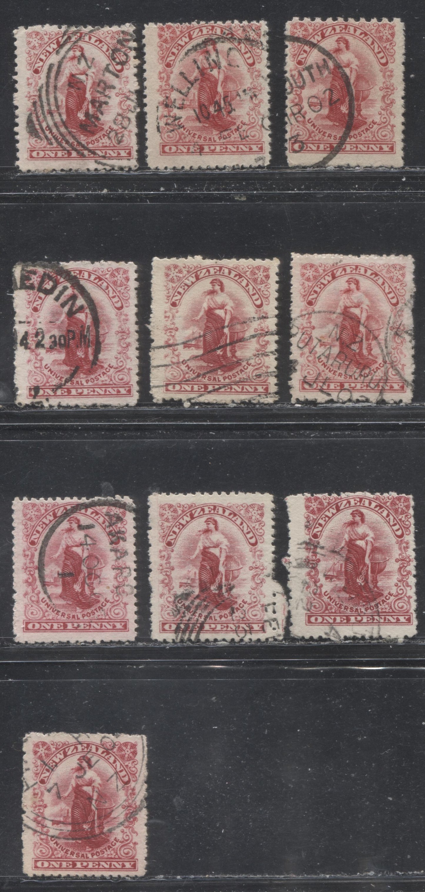 Lot 272 New Zealand SG#288/356b 1d Carmine Lake Commerce, 1902-1904 Re-Engraved Waterlow Universal Penny Postage Issue, 10 Fine & VF Used Singles, Single Watermark, Various Papers and Perfs, Including Waterlow, Dot and Royale Plate Printings