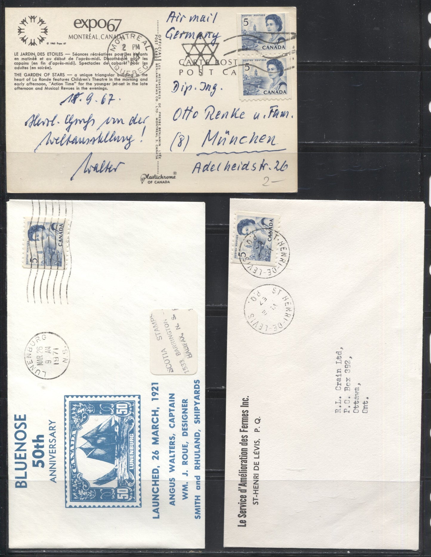 Lot 275 Canada #468 5c Deep Blue Atlantic Fishing Village, 1967-1973 Centennial Issue, Usages of the DF Coil Stamp on 2 Covers and One Postcard