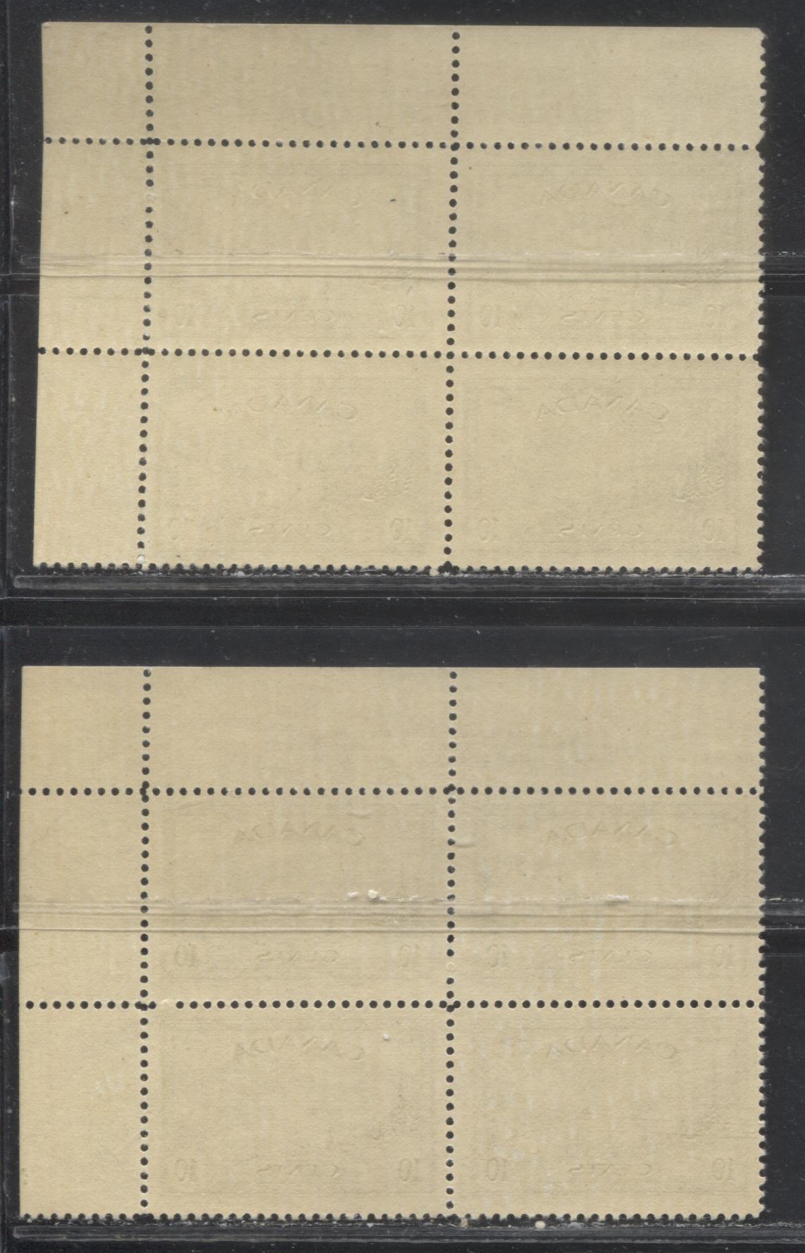 Lot 275 Canada #269 10c Olive Green Great Bear Lake, 1946-1951 Peace Issue, Fine NH Plate 2 Upper Right Blocks of 4, Cream Gum With a Semi-Gloss Sheen, Horizontal Ribbed Paper, With and Without 2 Plate Dots in Right Selvedge