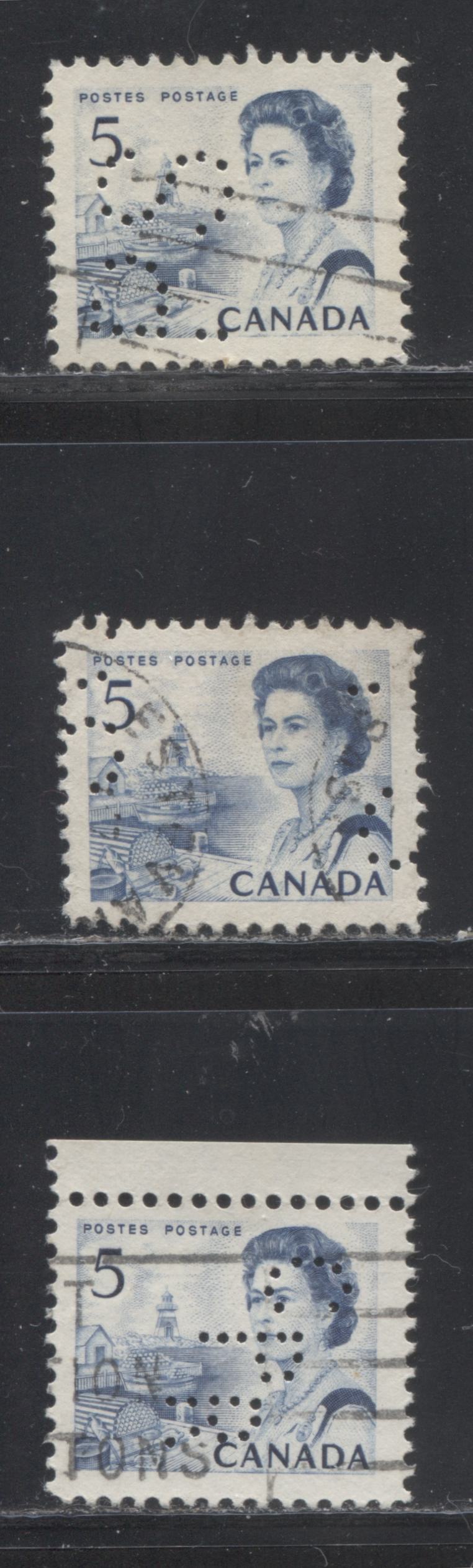 Lot 277 Canada #458 5c Blue Fishing Village, 1967-1973 Centennial Definitive Issue, 3 VF Used Singles With Different Perforated Initials