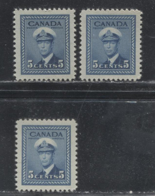 Lot 278 Canada #255 5c Deep Blue, Blue & Bright Blue King George VI  1942-1949 War Issue, VFNH Examples, Vertical Wove With Distinct Vertical Mesh, 2 Types of Gum