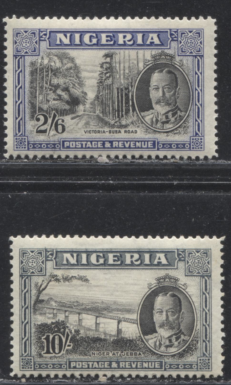 Lot 278 Nigeria SG# 42,44 2/6d, 10/- Black & Ultramarine and Black and Slate Victoria Buea Road, River Niger at Jebba, 1936 Pictorial Issue, Two Fine NH Example