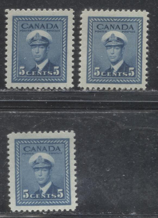 Lot 279 Canada #255 5c Deep Blue King George VI  1942-1949 War Issue, VFNH Examples, Vertical Wove With No Distinct Vertical Mesh, Cream Gum With a Satin Sheen