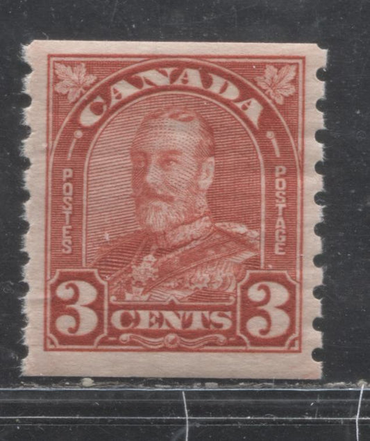 Lot 279 Canada #183 3c Deep Red King George V, 1930-1931 Arch/Leaf Coil Issue, A VFNH Coil Single, Non-Striated Cream Gum