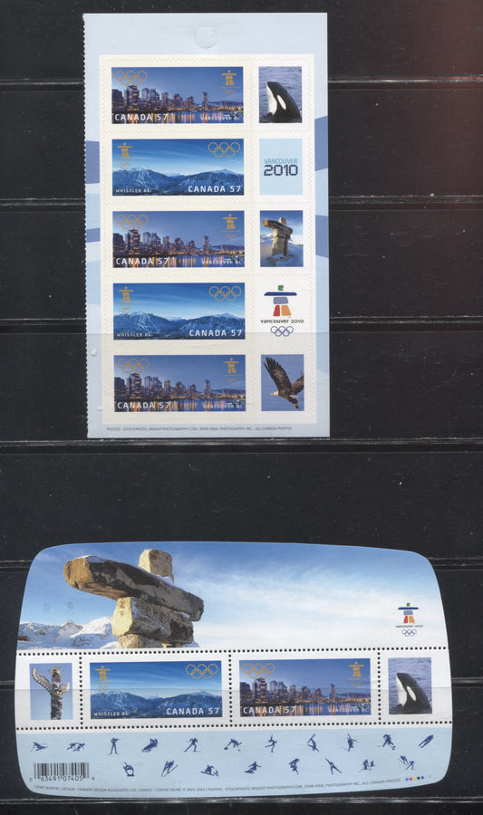 Lot 28 Canada #2366, 2368a 2010 Vancouver 2010 Olympics Issue, A VFNH Souvenir Sheet and a Booklet Pane of 5 on LF Paper