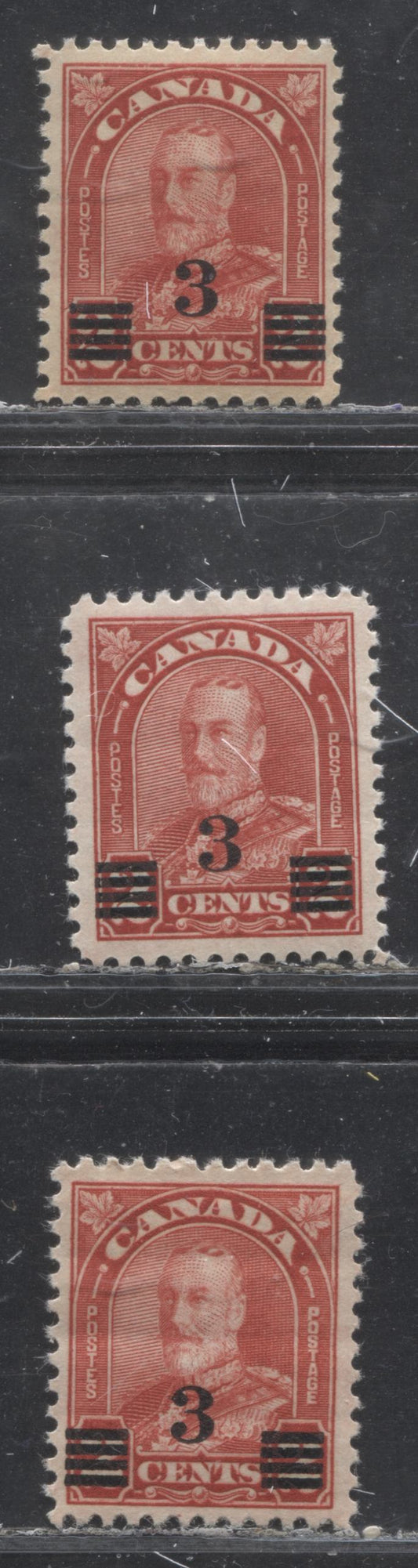Lot 282 Canada #191-a 3c On 2c Deep Red King George V, 1932 Arch/Leaf Provisional Issue, 3 VFNH Singles Showing Different Shades And Dies