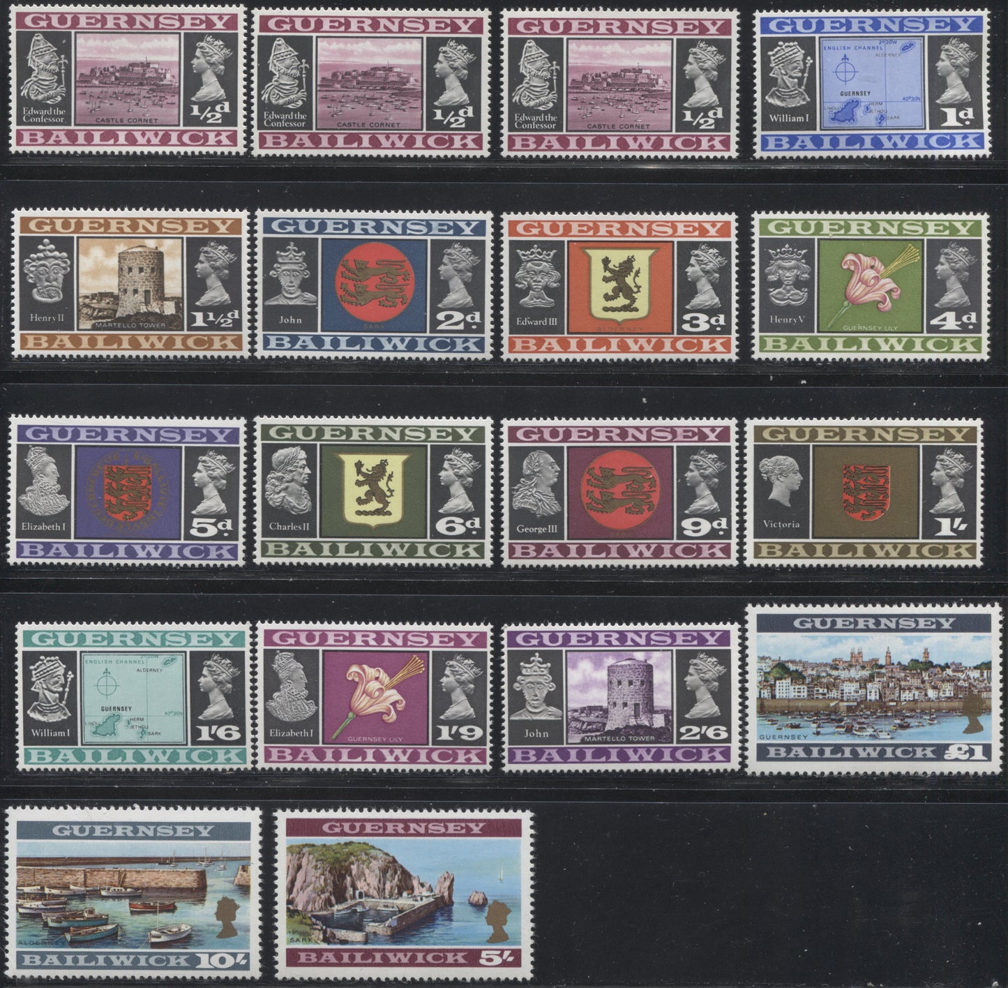 Lot 289 Guernsey Sc#8-23 1969-1970 Pre Decimal Definitive Issue, A Complete VFNH Set, Including Additional Paper Varieties of the 1/2d and 1d