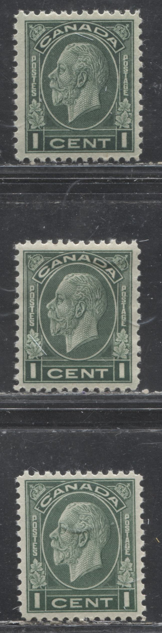 Lot 290 Canada #195-d 1c Dark Green King George V, 1932 Medallion Issue, 3 VFNH Singles, Rotary Press Wet & Dry Printings, 2 Shades of the Wet Printing