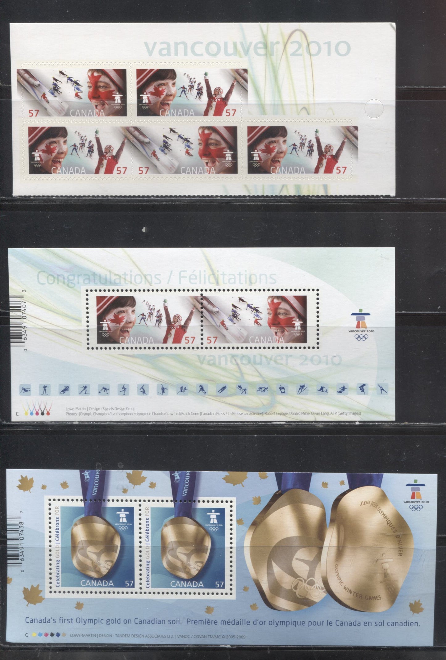 Lot 29 Canada #2371, 2372a, 2373, 2375a 2010 Canada Strikes Gold & Celebrating the Olympic Spirit Issues, VFNH Souvenir Sheets and Booklet Panes of 4 and 5 on LF Paper