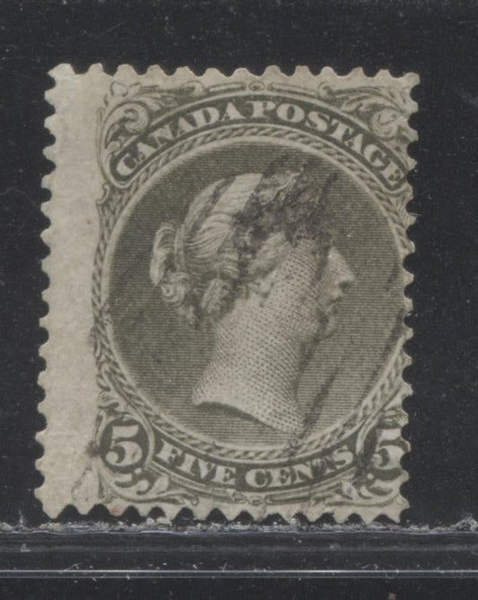 Lot 29 Canada #26a 5c Olive Green Queen Victoria, 1868-1897 Large Queen Issue, A Fair Used Single, Reperforated Along Base, Perf 12 x 12.1