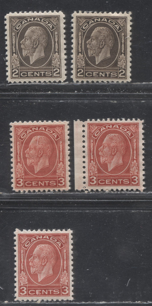Lot 291 Canada #196,197,c 2c & 3c Black Brown & Deep Red King George V, 1932 Medallion Issue, 5 VFNH Singles With The 2c Being Wet Printings, And Showing Die I & II For The 3c Along With Additional Shades