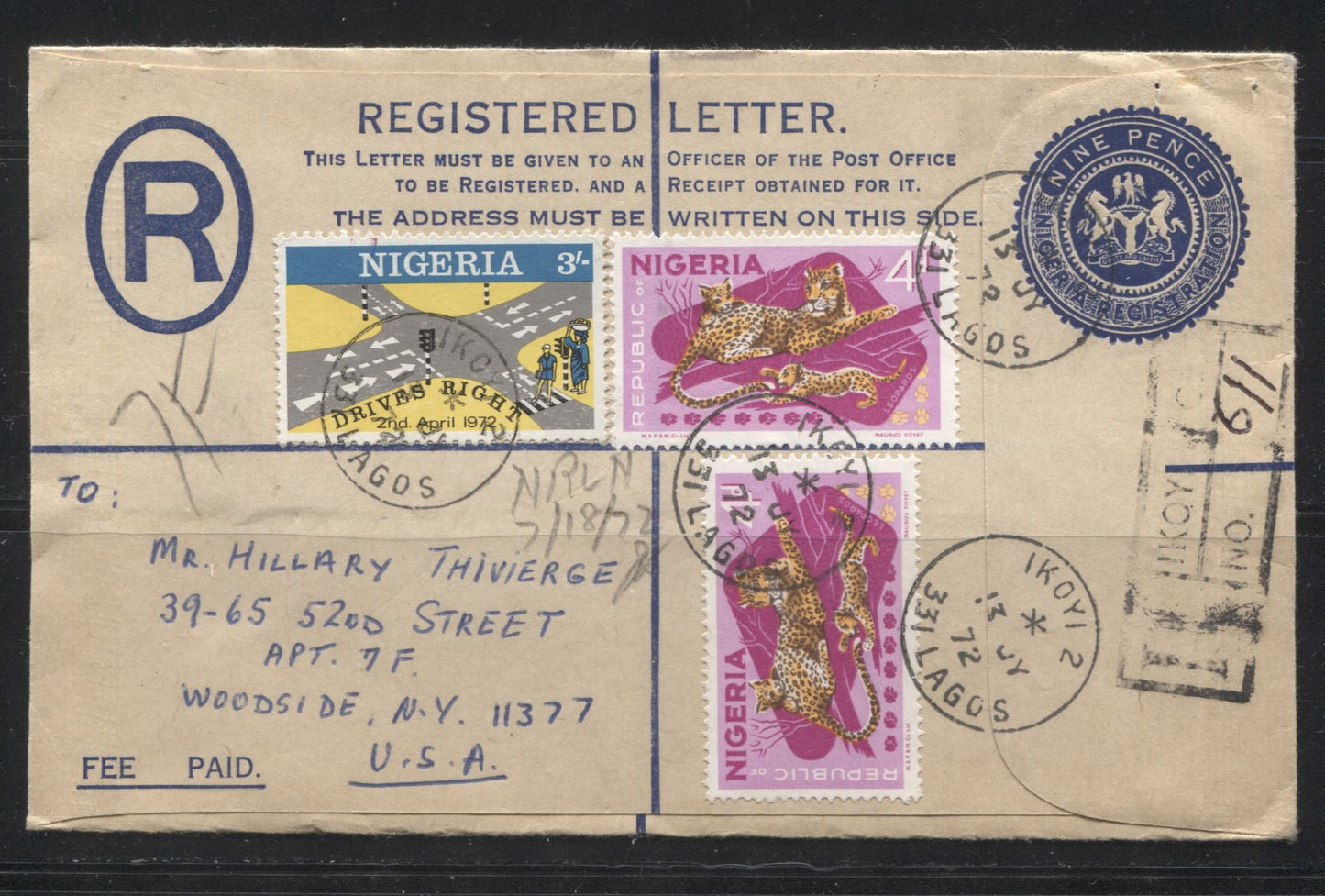 Lot 292 Nigeria SG#224, 276 4d & 3/- Multicoloured Leopards and Road Junction, 1965-1972 Wildlife Definitive Issue & Nigeria Drives Right Issue, A VF 1972 4/5d Registered Airmail Cover to USA On 9d Registered Envelope, Ikoy Registered Boxed Handstamp