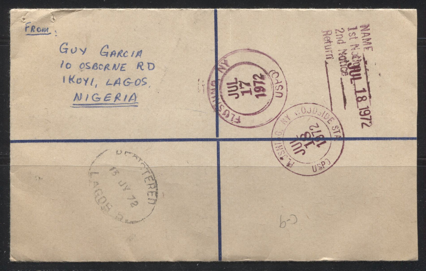 Lot 292 Nigeria SG#224, 276 4d & 3/- Multicoloured Leopards and Road Junction, 1965-1972 Wildlife Definitive Issue & Nigeria Drives Right Issue, A VF 1972 4/5d Registered Airmail Cover to USA On 9d Registered Envelope, Ikoy Registered Boxed Handstamp