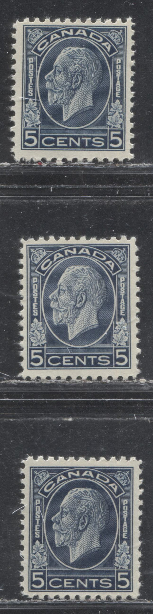 Lot 294 Canada #199 5c Dark Blue King George V, 1932 Medallion Issue, 3 Fine NH Singles With Additional Shades or Gum Types
