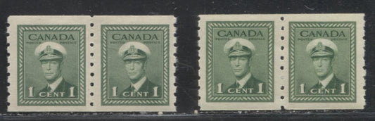 Lot 295 Canada #263 1c Deep Green King George VI  1942-1949 War Issue, VFNH Perf. 8 Vertical Coil Pairs, 2 Types of Paper, Cream Gum With a Semi-Gloss Sheen