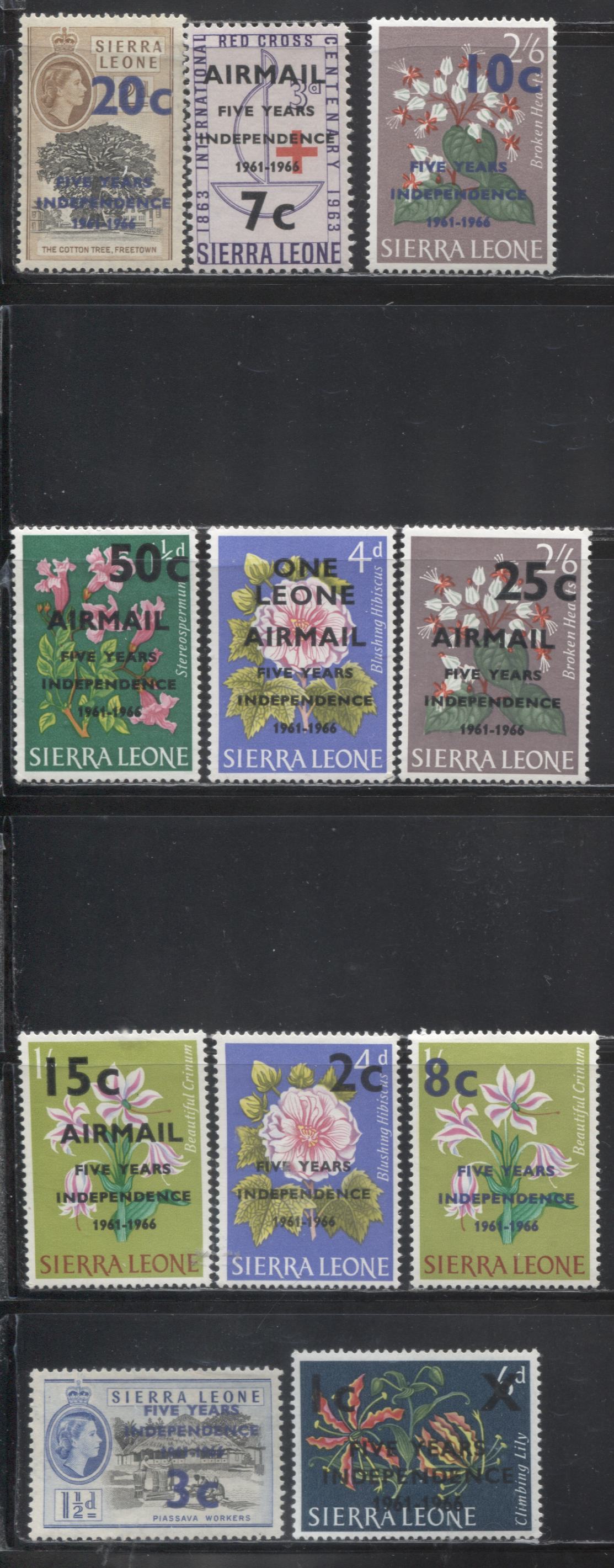 Lot 296 Sierra Leone SG#387-397 1c - 1L, 1966 5 Year Independence Overprints on Harrison Floral Definitive Issue and 1956-61 Waterlow Definitives and 1963 Red Cross Issue, a Mostly VFNH Set