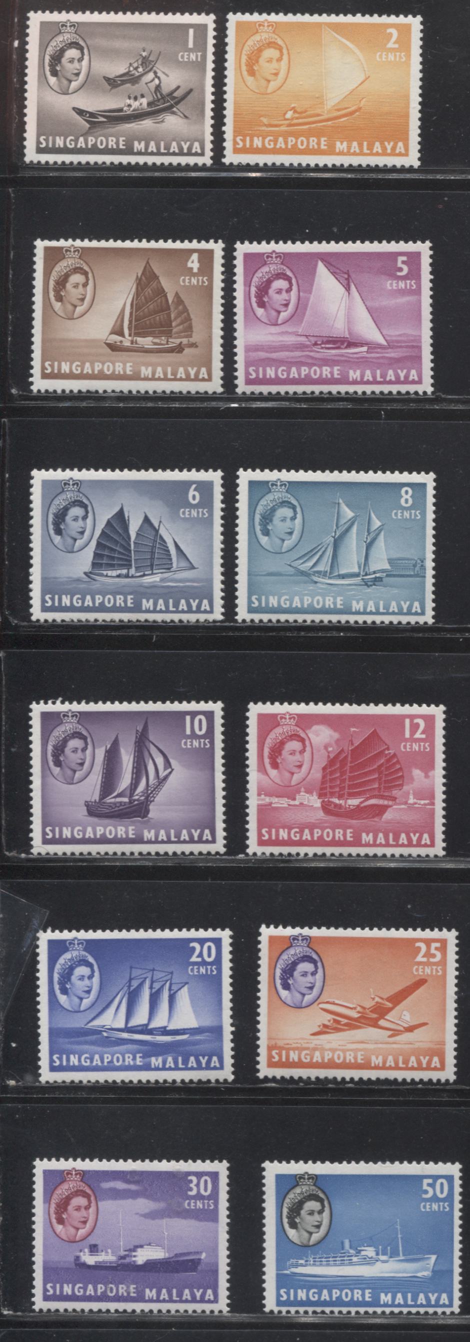 Lot 298 Singapore SG#38-49 1c - 50c, 1955-1959 Harrison Pictorial Definitive Issue, a Mostly VFNH Short Set on DF Paper