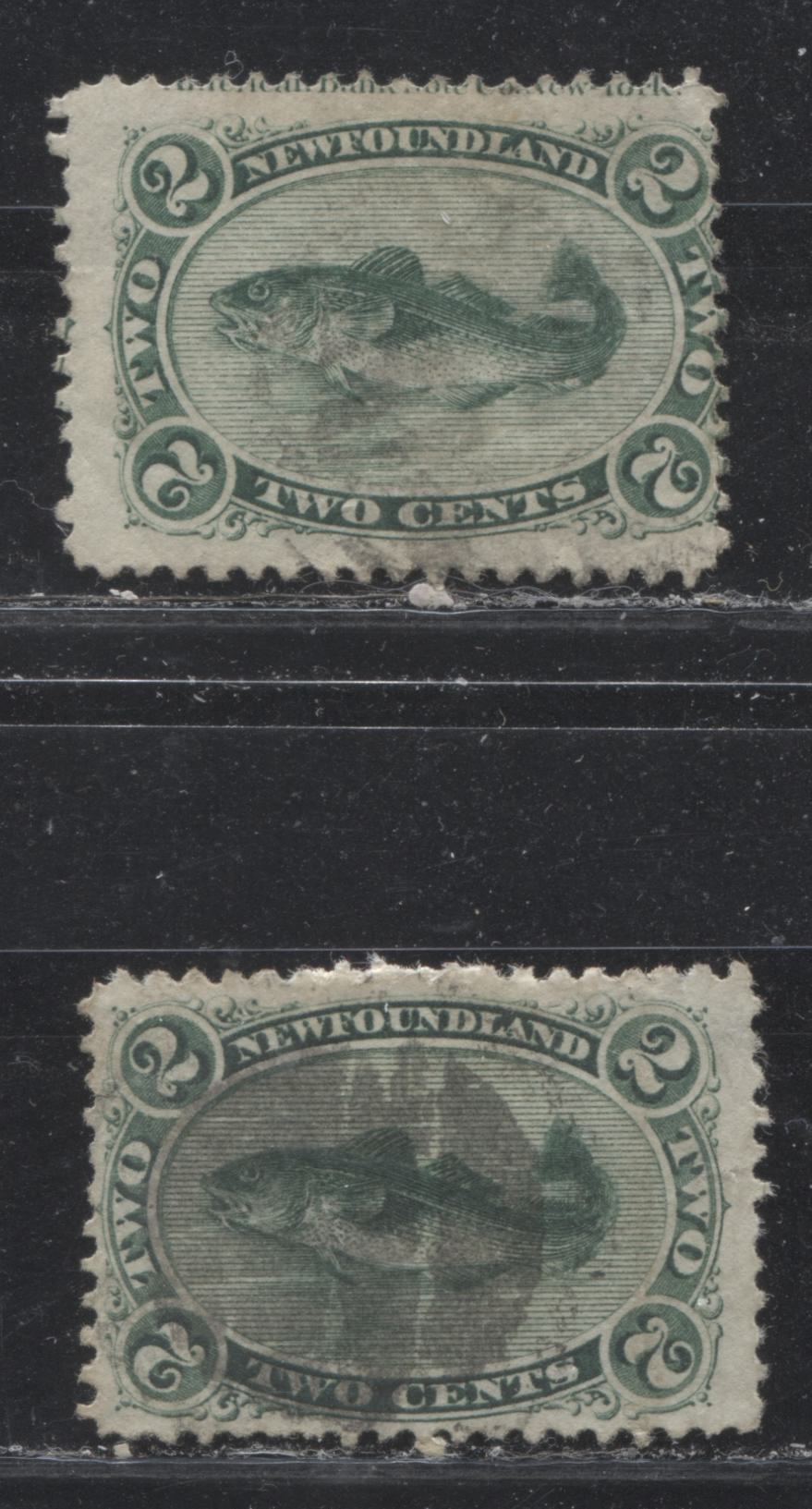 Lot 30 Newfoundland #24 2c Green Codfish, 1868-1894 First Cents Issue, Two Good Used Singles Imprint & Non Imprinted Copies
