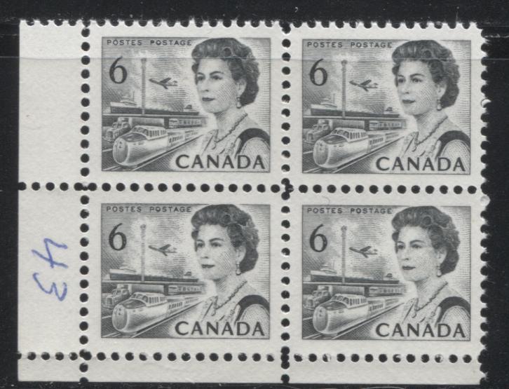 Lot 30 Canada #460fi 6c Black Queen Elizabeth II, 1967-1973 Centennial Issue, A VFNH LL Field Stock Block of 4 On LF-fl Ribbed Paper, Die 1a, PVA Gum, Printed On Gum Side
