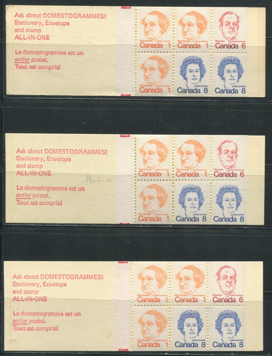 Lot 30 Canada McCann #BK74qvar 1972-1978 Caricature Issue, Three Complete 25c Booklets, DF Various Covers, Clear Sealer, LF, LF Bluish, and LF-fl 70 mm Panes