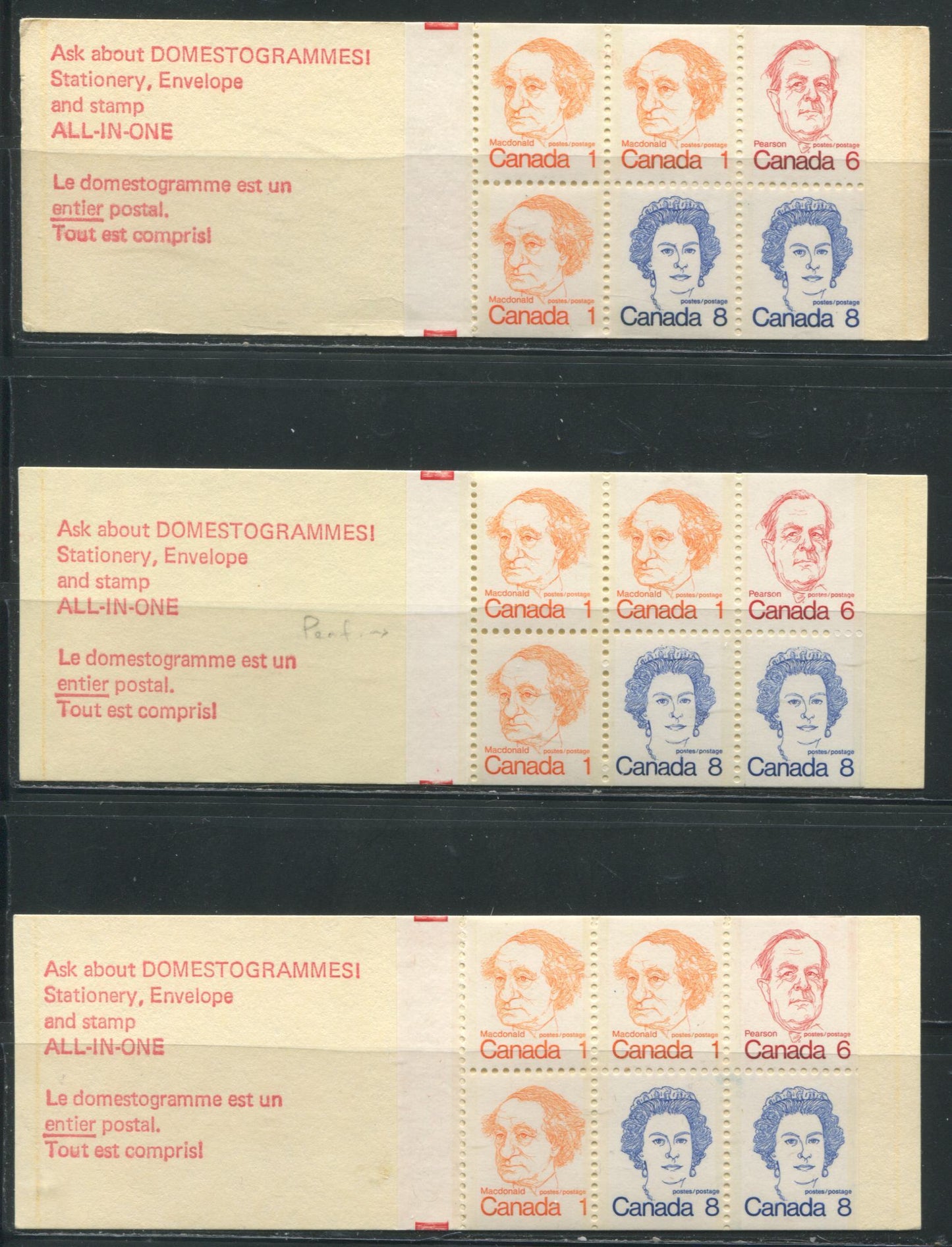 Lot 30 Canada McCann #BK74qvar 1972-1978 Caricature Issue, Three Complete 25c Booklets, DF Various Covers, Clear Sealer, LF, LF Bluish, and LF-fl 70 mm Panes