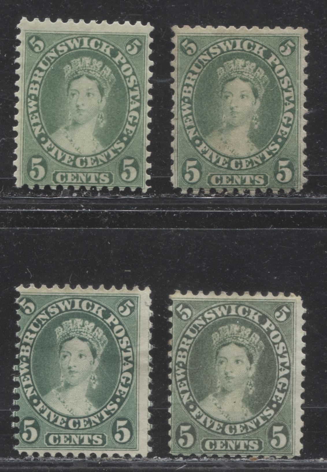 Lot 3 New Brunswick #8,a,b 5c Yellow Green, Blue Green & Olive Green Queen Victoria, 1860-1867 Cents Issue, 4 Fine Unused Singles, Perfs 12, 12 x 11.75 and 11.75 x 12