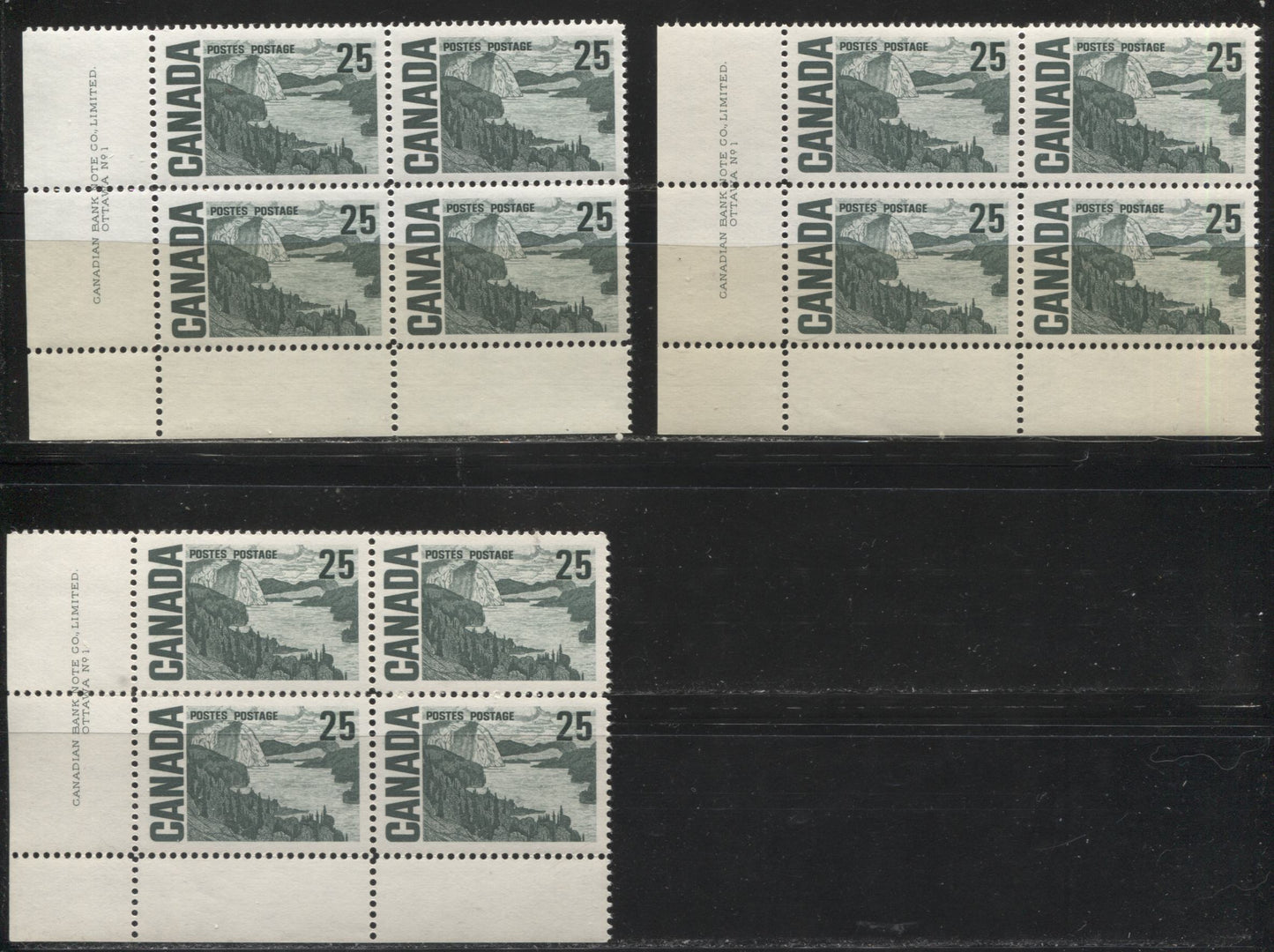 Lot 3 Canada #465 25c Slate Green Solemn Land, 1967-1973 Centennial Definitive Issue, Three VFNH LL Plate 1 Blocks of 4 On DF Ivory Paper With Streaky Dex Gum
