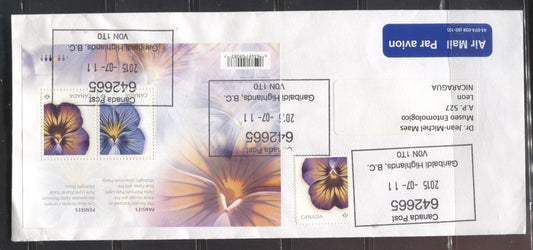 Lot 3 Canada #2809, 2813 2015 Pansies Issue, a Souvenir Sheet and Single Used on 2015 Airmail Cover to Nicaragua