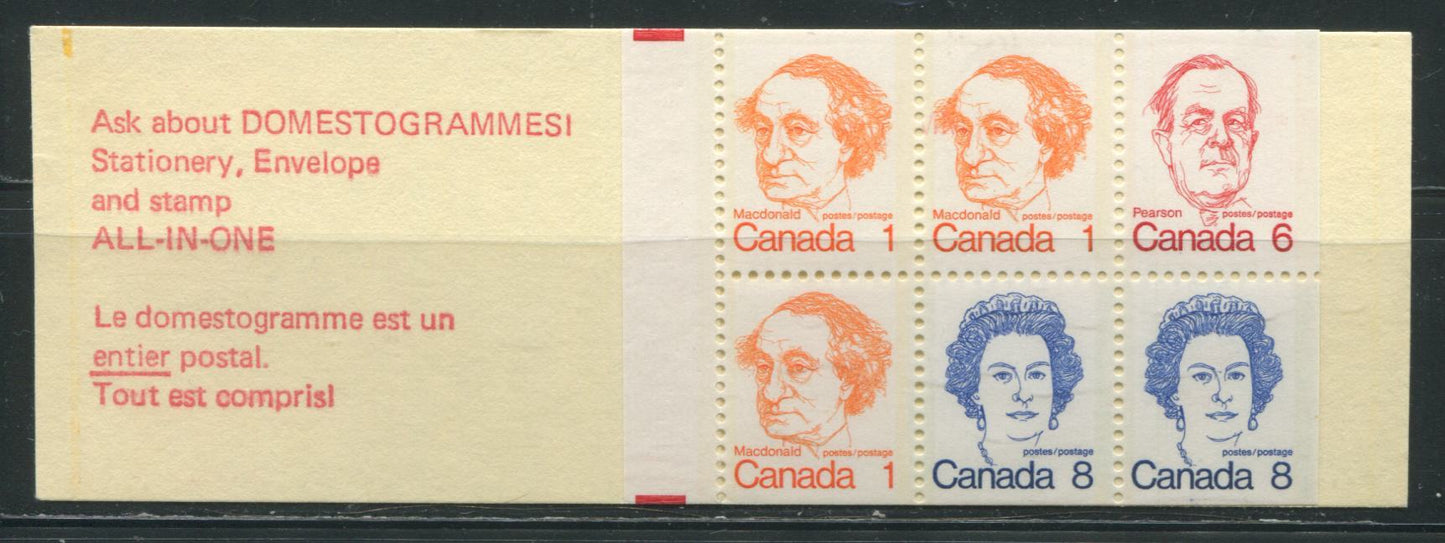 Lot 3 Canada  McCann #74bvar 1972-1978 Caricature Issue A complete 25c Counter Booklet, NF CF-100 Canuck Cover, Clear Sealer, NF 70 mm Pane, Re-Entry In "Postage" on 6c and Extra Tag Bar on Right Stamps