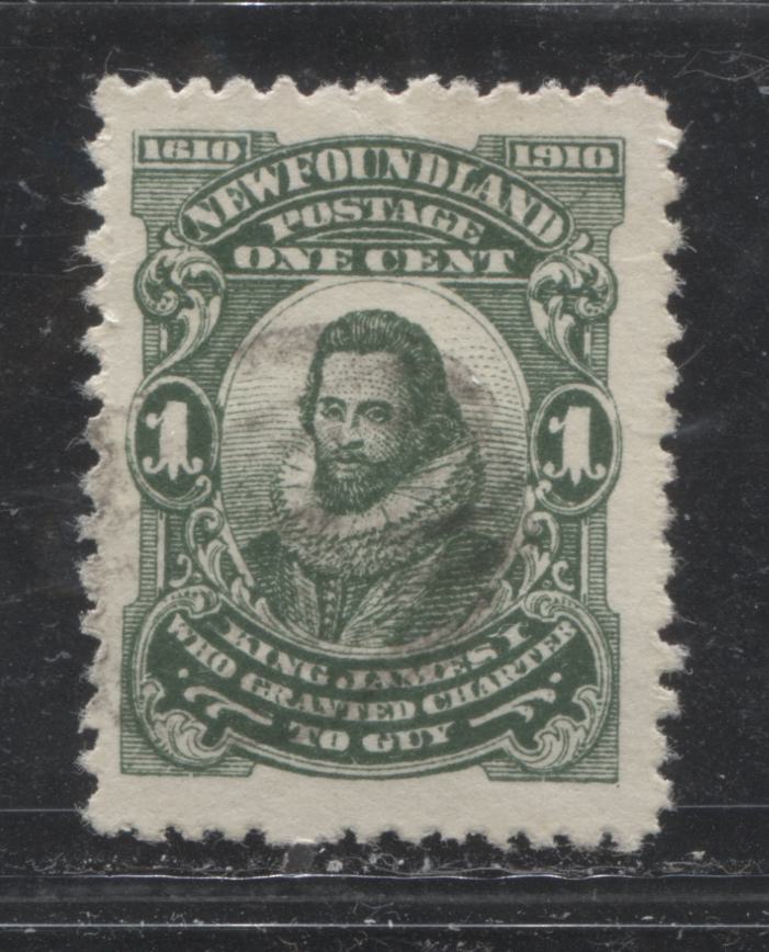 Lot 3 Newfoundland # 87var 1c Green  King James I, 1910 John Guy Issue, A VF Used Example, Perf 12 x 11, Curved Line From "D" of "Newfoundland"