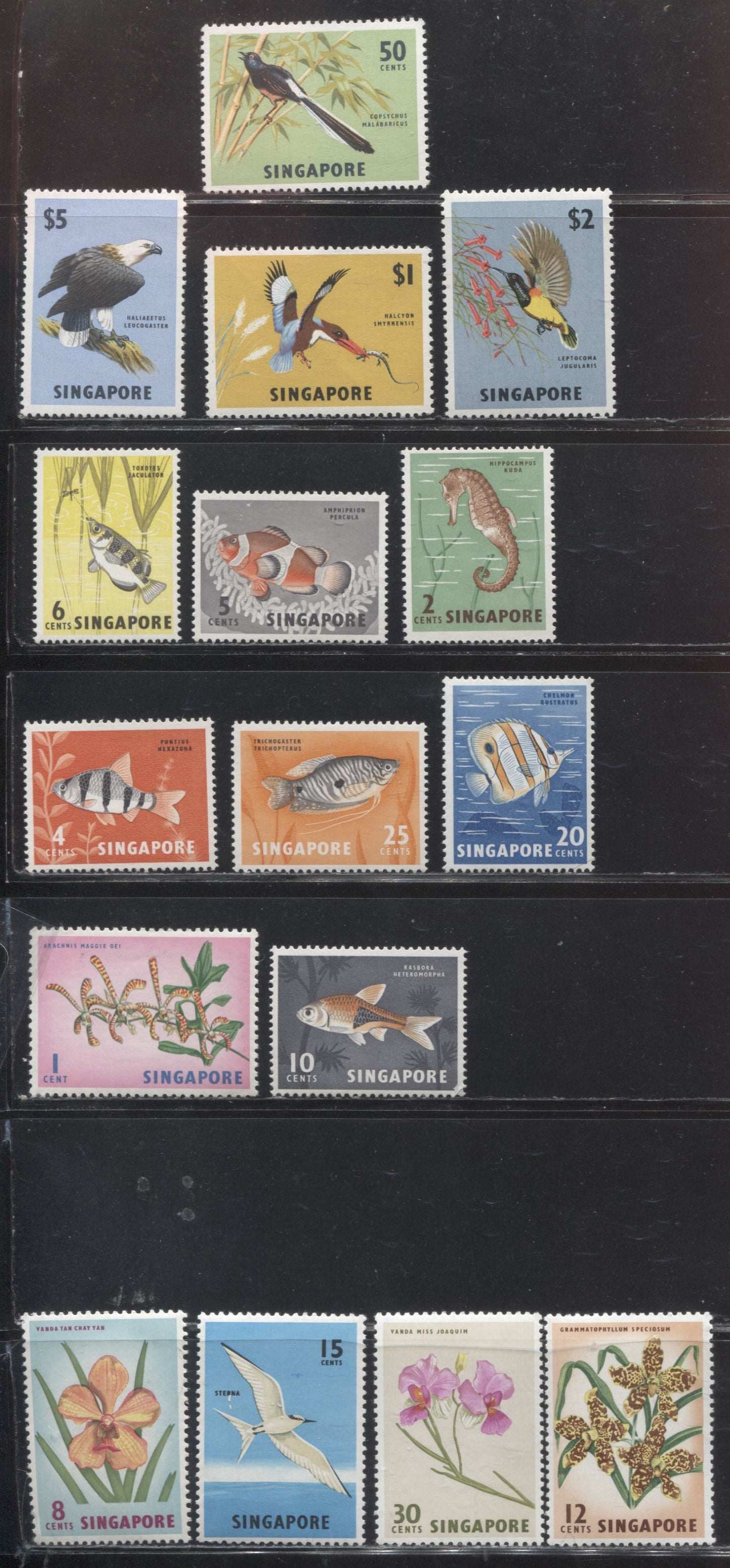 Lot 303 Singapore SG#63-77 1c - $5, 1962-1966 Harrison Flora and Fauna Definitive Issue, a VFNH Set on Several Different Papers