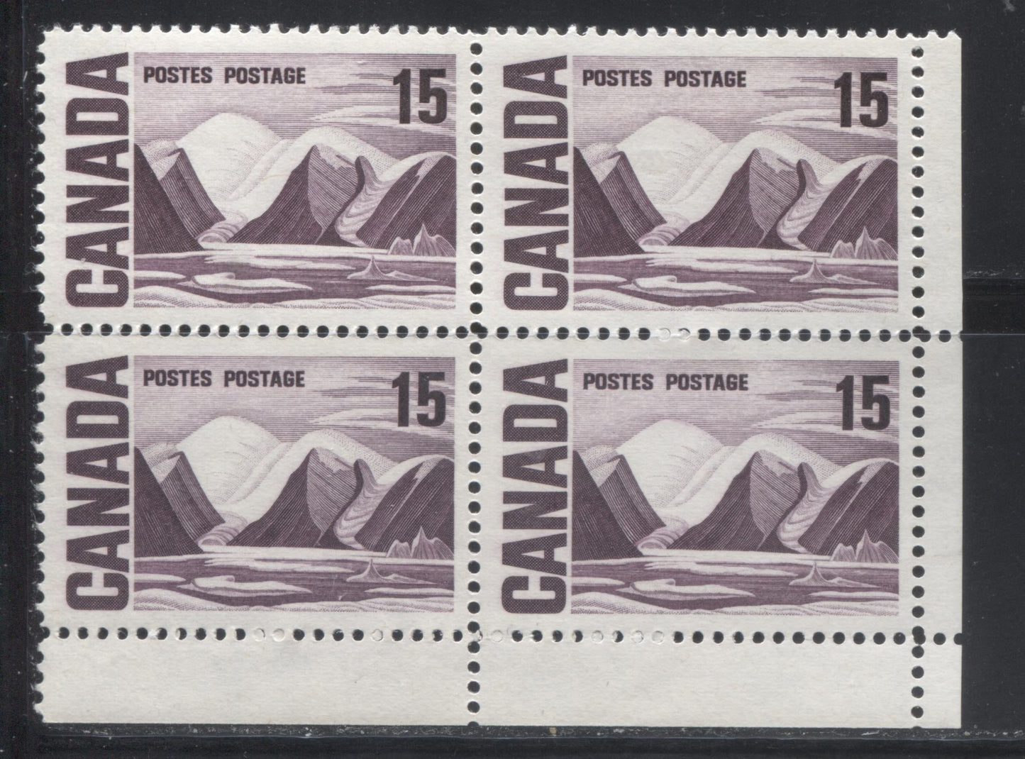 Lot 31 Canada #463v 15c Bright Reddish Lilac Greenland Mountains, 1967-1973 Centennial Definitive Issue, A VFNH LR Field Stock Block Of 4 On LF-fl Horizontal Wove Paper With Satin PVA Gum