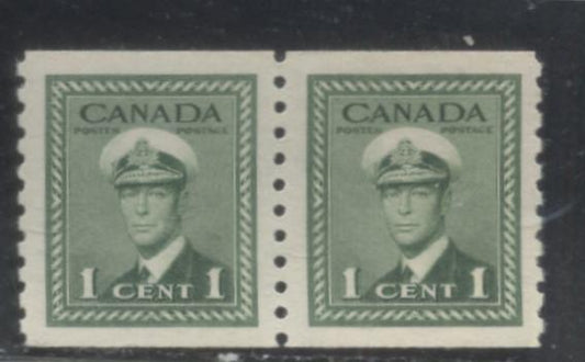 Lot 313 Canada #278 1c Green King George VI  1942-1949 War Issue, A VFNH Perf. 9.5 Vertical Coil Pair, Horizontal Wove Paper With Light Vertical Ribbing , Deep Cream Gum With a Semi-Gloss Sheen