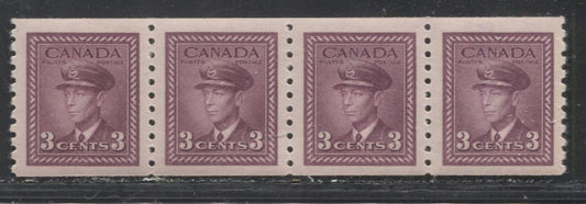 Lot 318 Canada #280 3c Rosy Plum King George VI  1942-1949 War Issue, A VFNH Perf. 9.5 Vertical Coil Strip of 4, Horizontal Wove Paper With No Distinct Mesh , Cream Gum With a Semi-Gloss Sheen