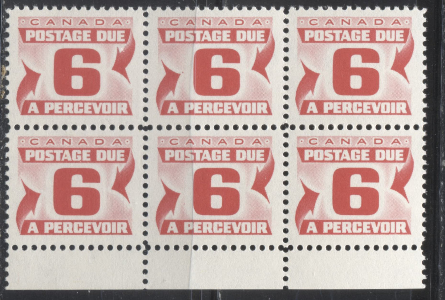Lot 32 Canada #J26var 6c Carmine Red 1967 1st Centennial Postage Due Issue, A VFNH Bottom Margin Inscription Block Of 6 On DF Grayish White Ribbed Paper With Smooth Dex Gum, Perf 12, Plate Flaws