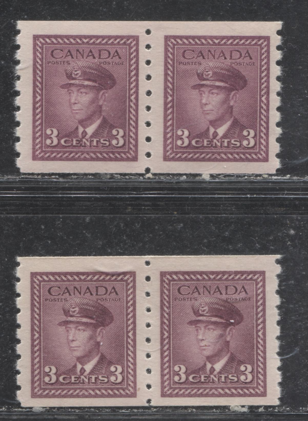 Lot 32 Canada #266 3c Rose Violet King George VI, 1942-1946 War Issue, Two VFNH Coil Pairs On Horizontal Wove Paper With Satin Cream Gum, Different Shades