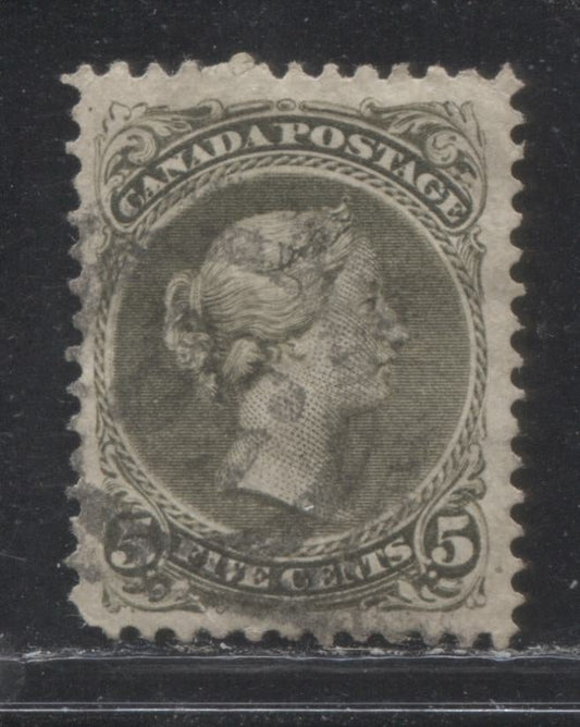 Lot 32 Canada #26iv 5c Olive Green Queen Victoria, 1868-1897 Large Queen Issue, A Fine Used Single, Perf 11.75 x 12, #50 2-Ring Numeral Cancel for Clinton, ON, Rarity Factor 7