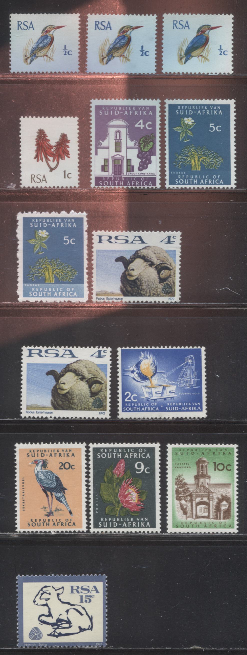 Lot 323 South Africa SG#B238/B251, 276-277 1/2c - 20c 1969-1971 Pictorial Definitive Issue, Re-Drawn Designs, Watermarked Tete-Beche RSA in Triangles on Phosphorized Paper, A Fine NH and VFNH Partially Complete Set, Including Some Additional Shades