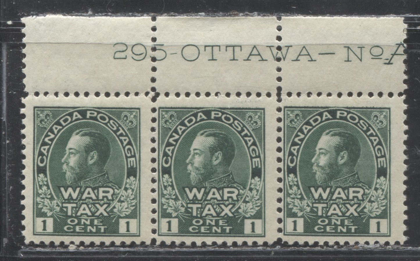 Lot 324 Canada #MR1 1c Dark Green (Green in Unitrade) King George V, 1911-1928 Admiral War Tax Issue, A Fine NH Upper Sheet Margin Plate Strip of 3, Retouched Frameline
