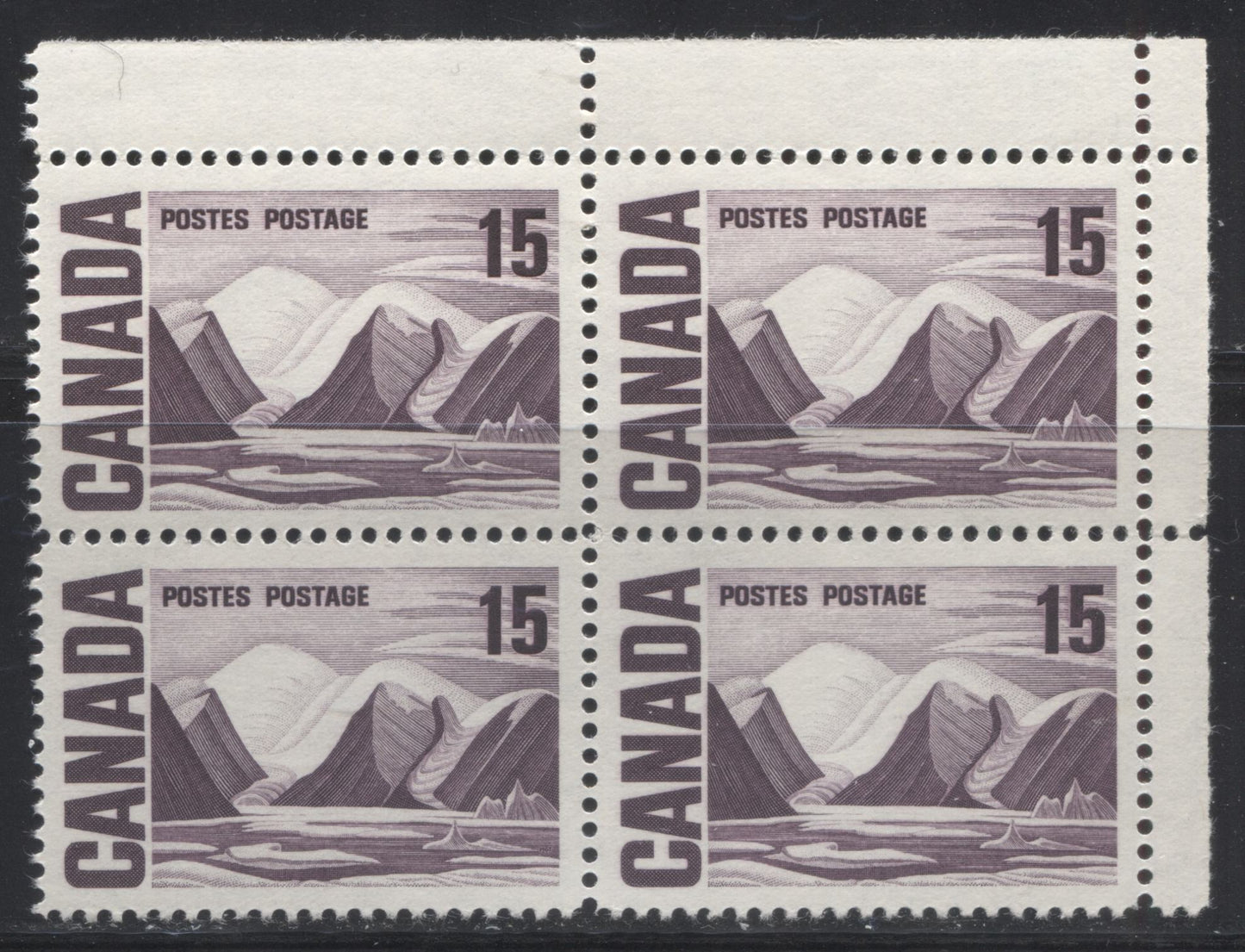Lot 33 Canada #463vii 15c Deep Reddish Violet Greenland Mountains, 1967-1973 Centennial Definitive Issue, A VFNH UR Field Stock Block Of 4 On HB10 Vertical Wove & Ribbed Paper With Smooth Dex Gum, Plastic Flow Variety