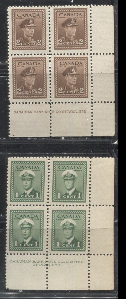 Lot 34 Canada #249, 250 1c & 2c Green & Brown King George VI , 1942-1949 War Issue, VFOG Plate 2 & 31 Lower Right Blocks of 4 Small and Large Plate Dots at LL