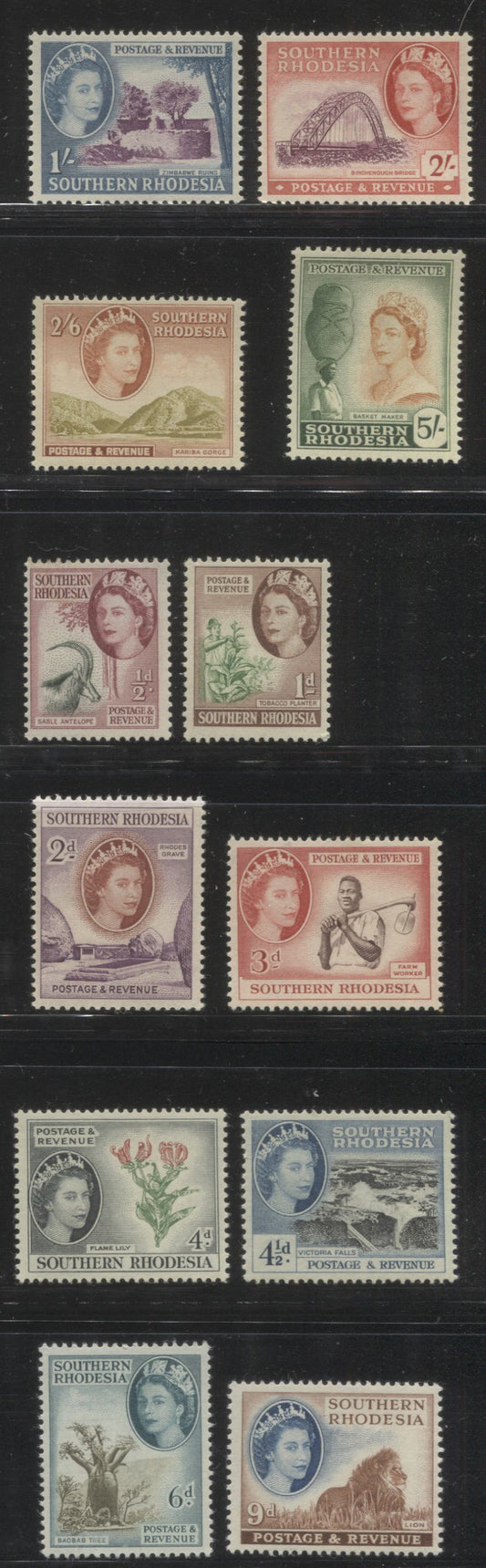 Lot 348 Southern Rhodesia SG#78-89 1/2d Slate & Reddish Claret - 5/- Dark Green & Orange Brown, 1953-1964 Bradbury Wilkinson Pictorial Definitive Issue, A Primarily VF and All NH Short Set