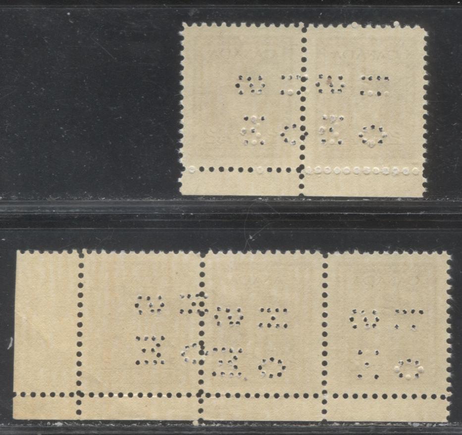 Lot 348 Canada #O250 2c Brown King George VI  1942-1949 War Issue, A VFNH Pair & Strip of 3, With OHMS Perfin, Position E, Vertical Wove Paper With Horizontal Mesh, Cream Gum With a Semi-Gloss Sheen, Showing Different Horizontal Spacings of the Perfin