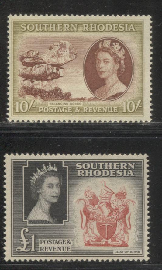 Lot 349 Southern Rhodesia SG#90-91 10/- Red Brown & Olive and One Pound Rose Red and Black, 1953-1964 Bradbury Wilkinson Pictorial Definitive Issue, Fine NH Examples