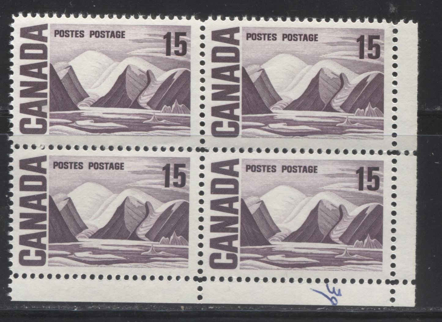 Lot 35 Canada #463vii 15c Deep Reddish Violet Greenland Mountains, 1967-1973 Centennial Definitive Issue, A VFNH LR Field Stock Block Of 4 On HB11 Vertical Wove & Ribbed Paper With Smooth Dex Gum, Plastic Flow Variety