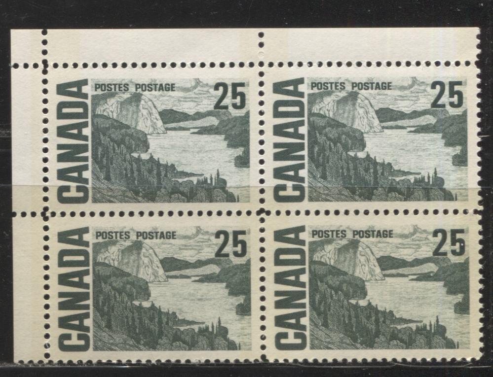 Lot 36 Canada #465p 25c Bluish Green Slate Solemn Land, 1967-1973 Centennial Definitive Issue, A VFNH UL Tagged Field Stock Block of 4 On DF Gray Vertical Wove Paper With Streaky Dex Gum