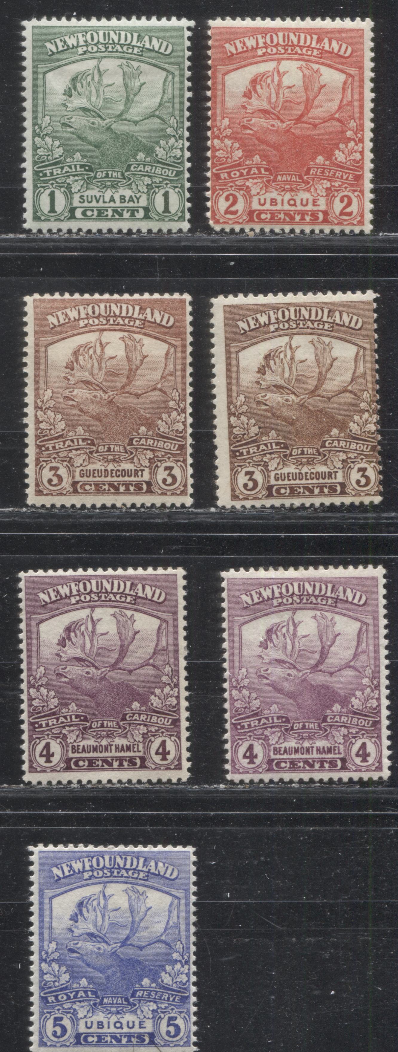 Lot 35 Newfoundland # 115-119 1c - 5c Green - Ultramarine Caribou & Suvla Bay - Caribou & Ubique, 1919-1923 Trail of the Caribou Issue, Seven Fine OG and VGOG Examples, Various Perfs