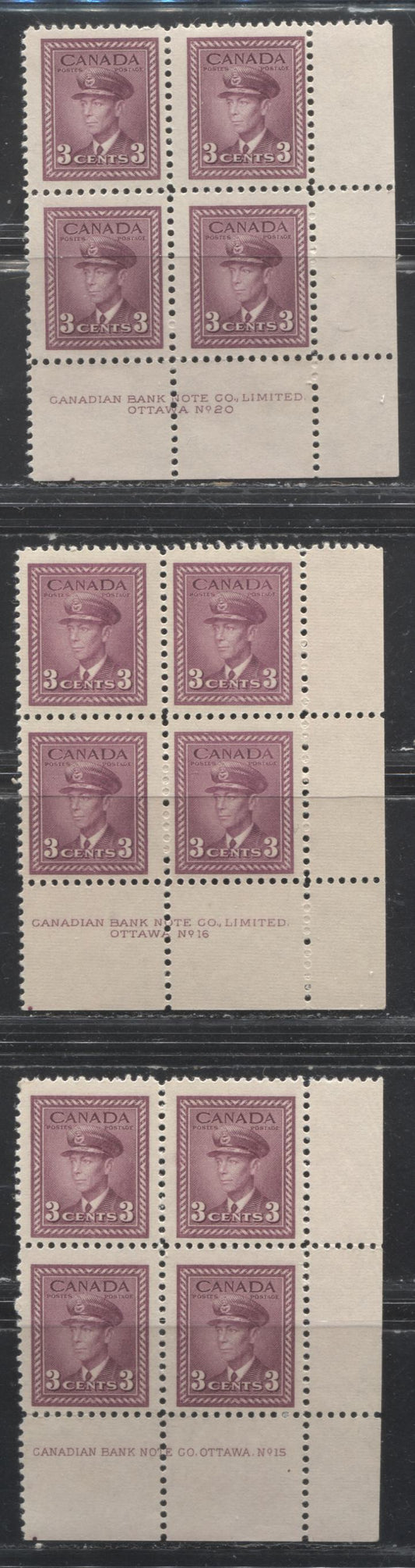 Lot 36 Canada #252 3c  Rosy Plum King George VI , 1942-1949 War Issue, Fine NH Plate 15, 16 & 20 Lower Right Blocks of 4 Plate Dot at LL