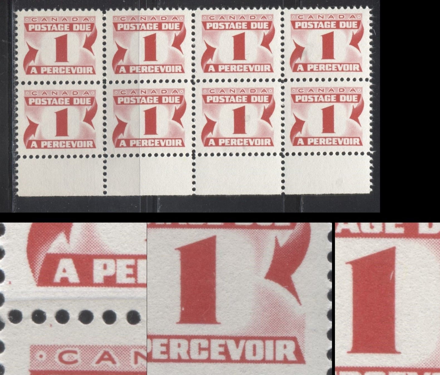 Lot 37 Canada #J28 1c Carmine Rose 1969 Second Centennial Postage Due Issue, A VFNH Lower Margin Inscription Block Of 8 On DF Grayish White Paper With Streaky Dex Gum, Perf 12, Plate Varieties